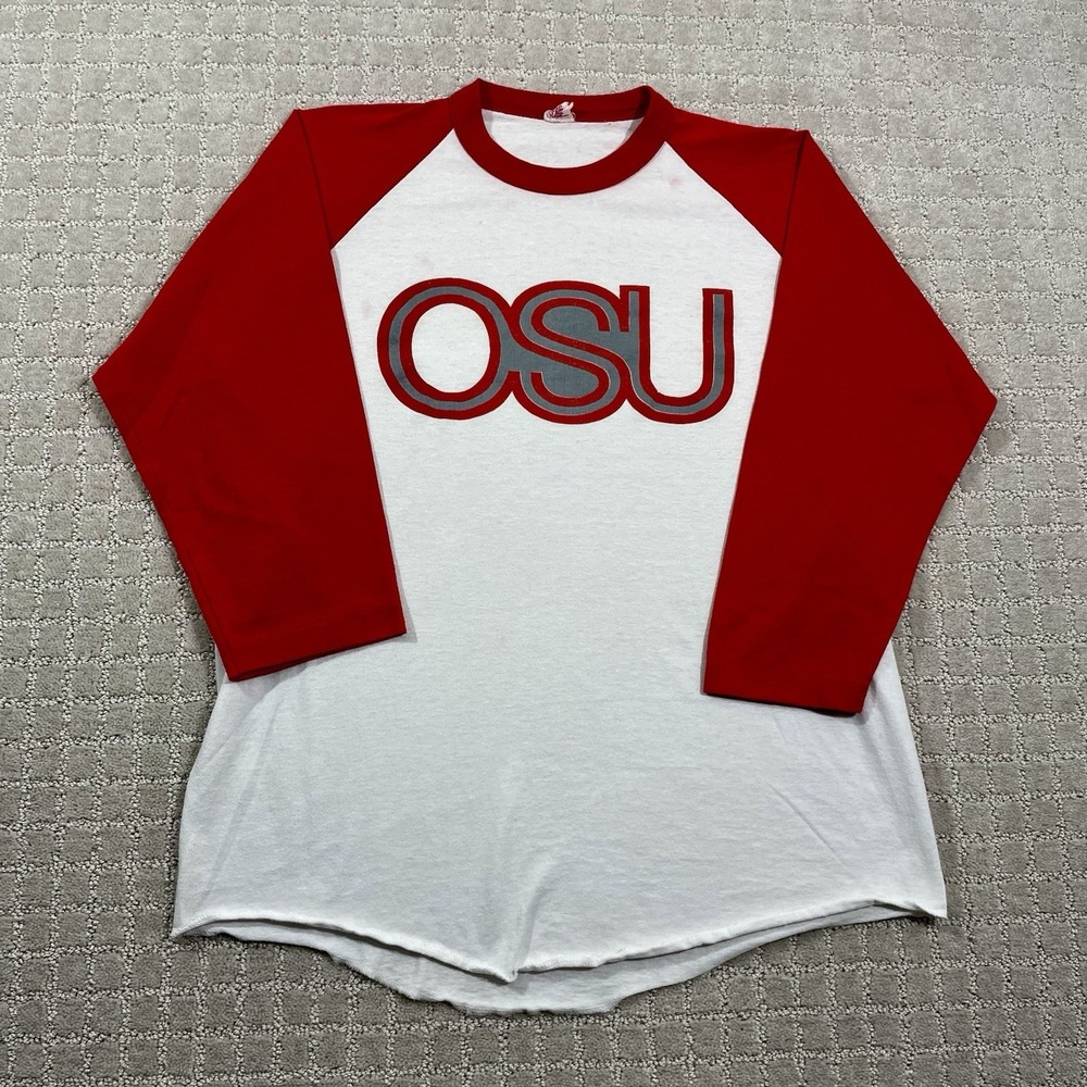 VTG 80s Ohio State Buckeyes Sz Large Baseball Style OSU 3/4 Sleeve‎ Tshirt